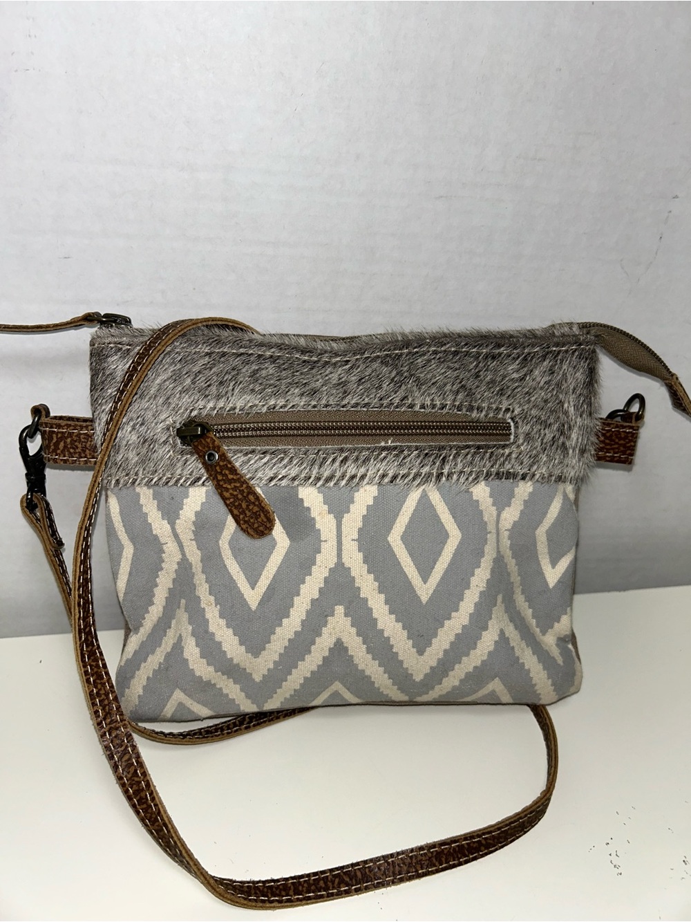Myra Bag Blaze Geometric Diamond Canvas Leather Pony Hair Crossbody Bag